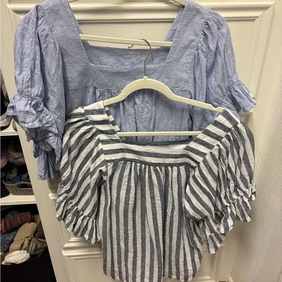 Beach lunch lounge linen cotton top blue stripe Medium Boho - Picture 4 of 4